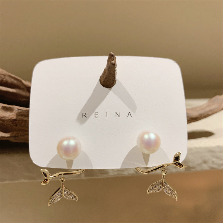 Full diamond fishtail hanging pearl earrings