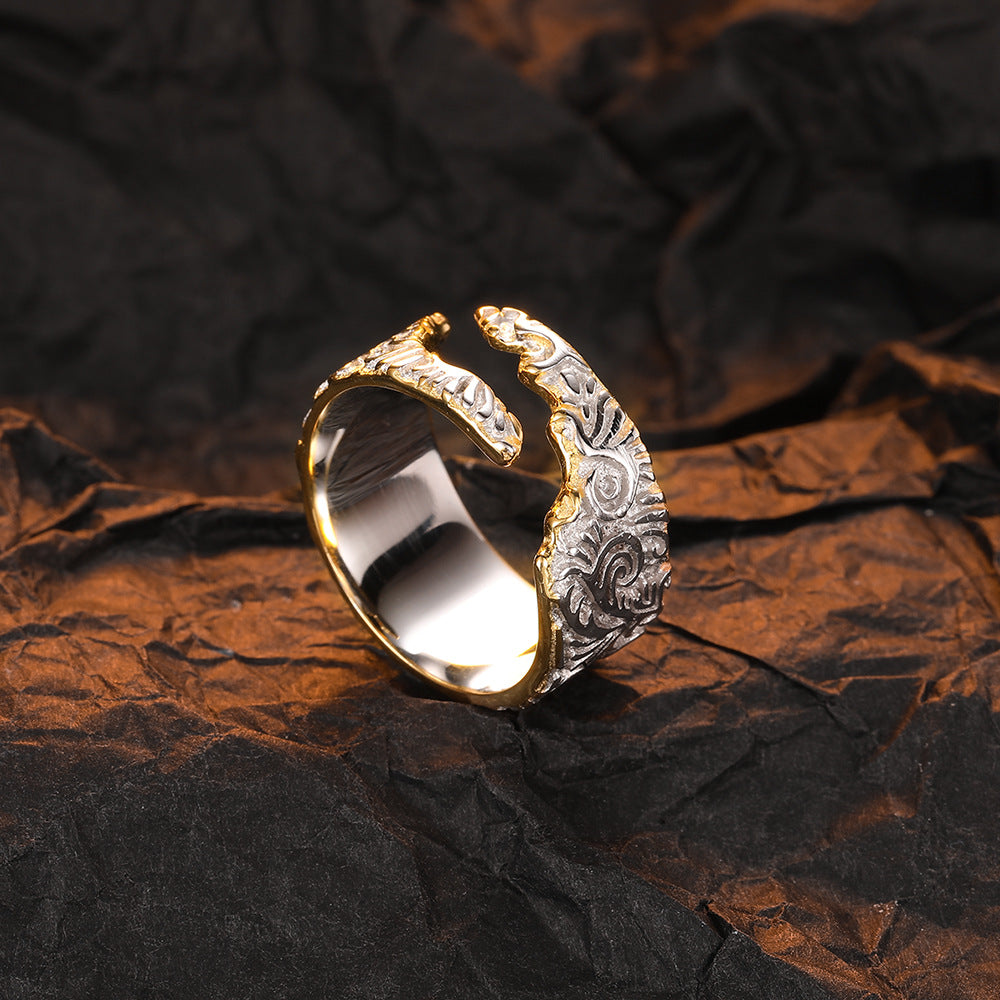 Irregular Tang Grass Textured Gold and Silver Contrast Ring-Sterling Silver