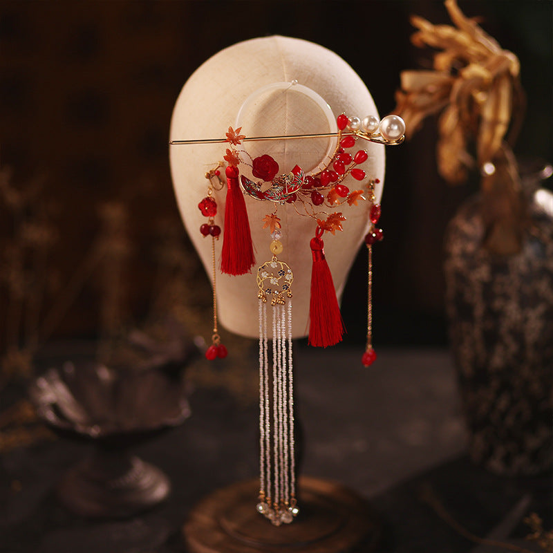 Fan Maple Leaf Chinese Circled Tassel Pearl Hairpin