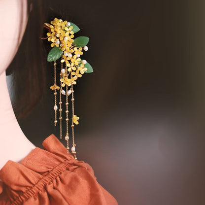 Osmanthus green leaves 4 pearl tassel hairpin