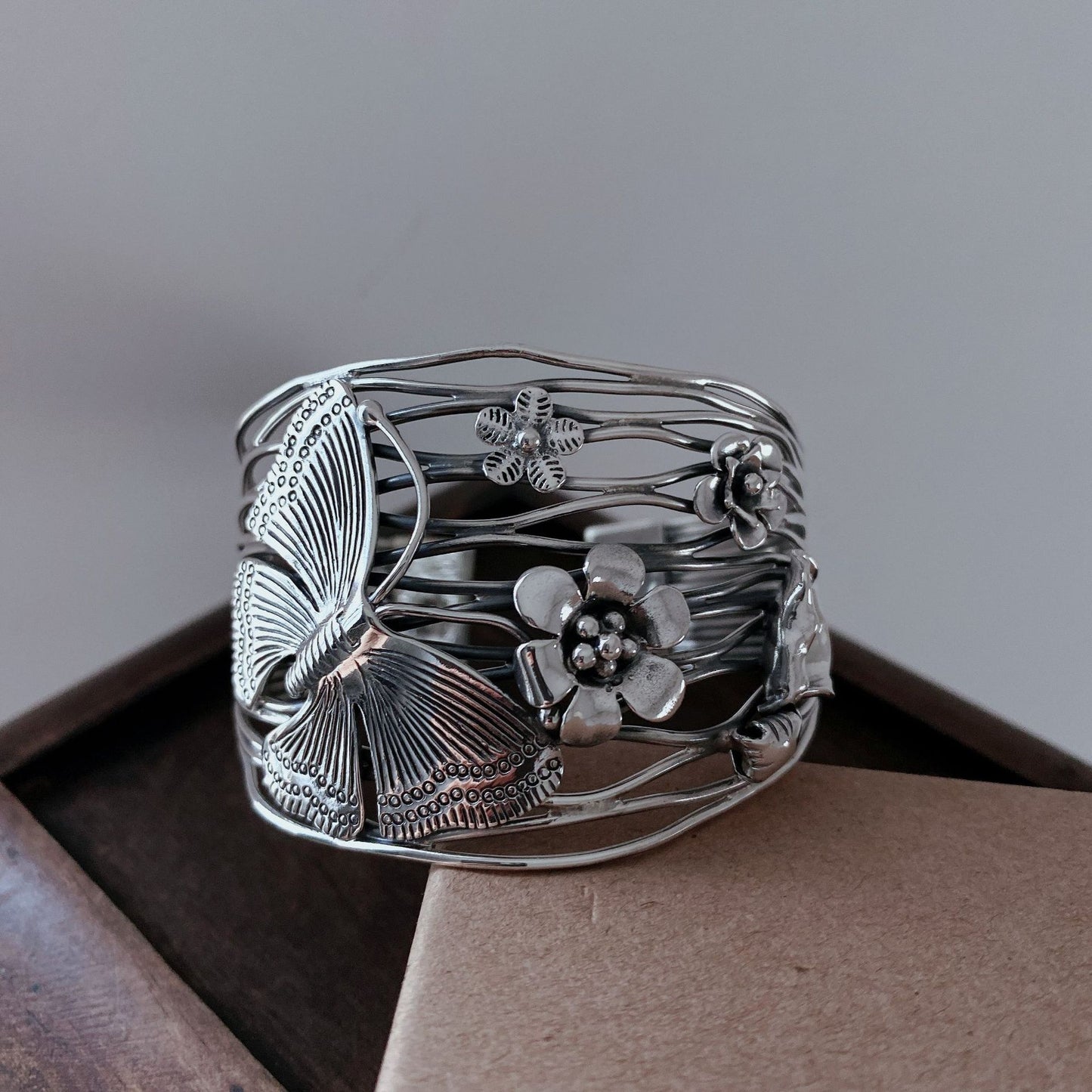 Butterfly Love Flower Wide Face Handwoven Bracelet-Sterling Silver