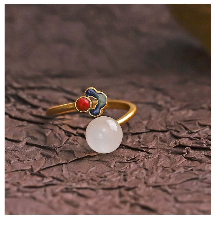 Hetian jade And south red agate auspicious cloud ring - sterling silver