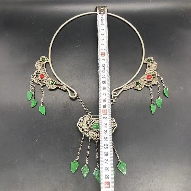 Retro Miao Silver Carved Flower Set Red and Green Gem Long Life Lock Collar