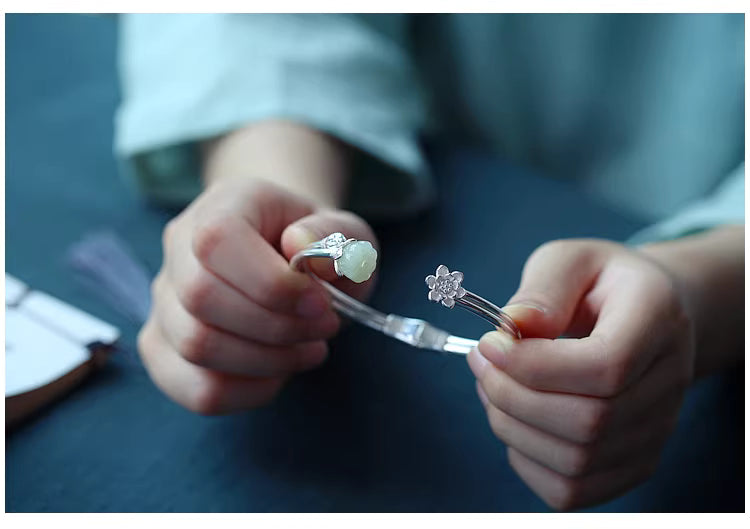 925 Silver Hetian Jade Lotus Seedpod Adjustable Bangle – Chinese Style Hanfu Qipao Bracelet