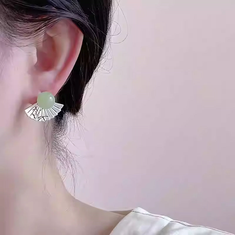 Oriental Dark Green Bamboo Fan Earrings – Retro Chinese Style Stud Earrings for Women
