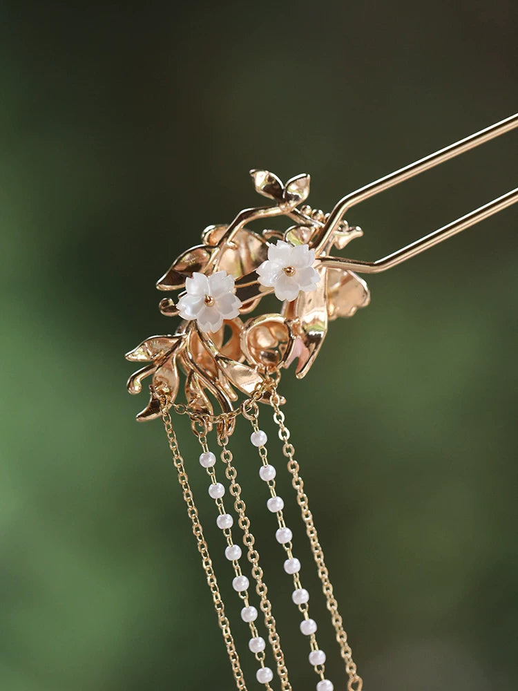 Butterfly  Floral Pearl Tassel Hairpin – New Chinese Style Enamel Buyao Hair Accessory for Hanfu  Mamian Skirt