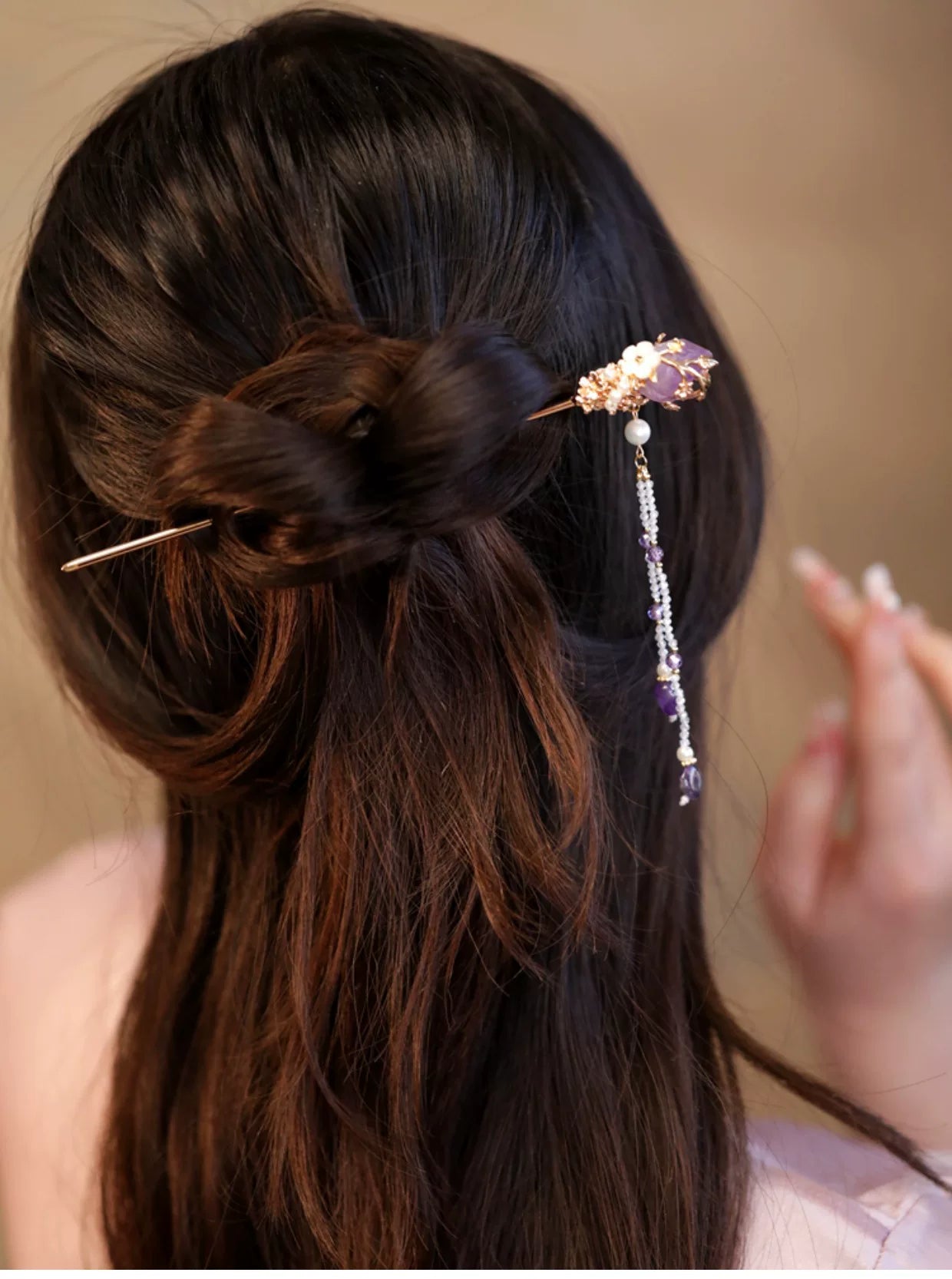 New Chinese Style Amethyst Pearl Tassel Hairpin – Elegant Hanfu Qipao Hair Ornament
