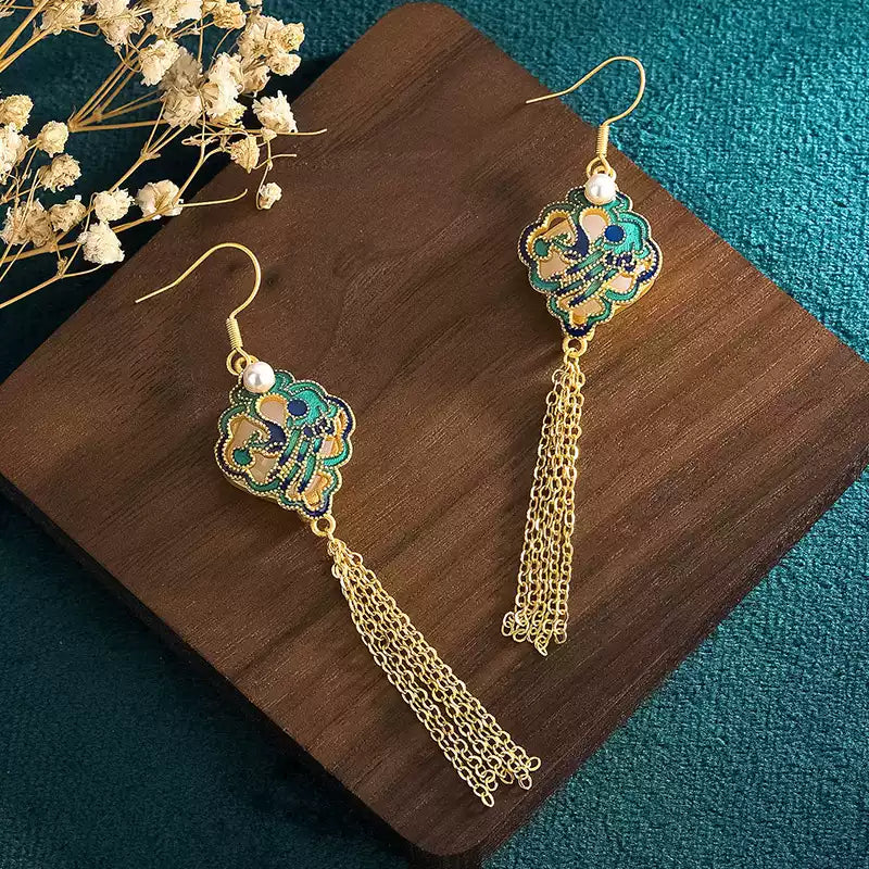 Chinese Ruyi Jade Tassel Earrings – Vintage Palace Style Long Drop Earrings