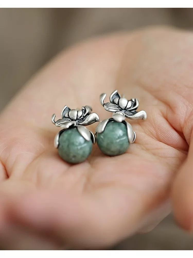 Jade Bead Lotus Drop Earrings – Vintage Chinese Style Elegant Jewelry