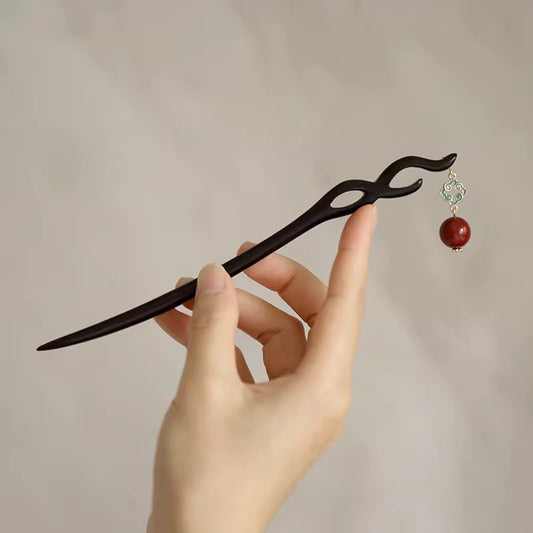 Original Chinese Ebony Wood Hairpin & Pendant with Cinnabar Inlay – Oriental Calming Amulet Jewelry