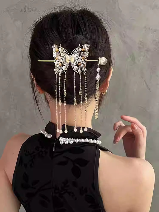 Chinese Butterfly Pearl Hairpin with Long Tassels – Gold Czech Crystal Elegant Updo Hair Accessory for Women