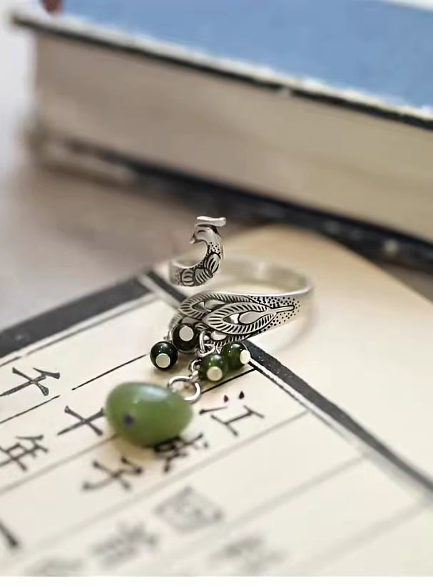 925 Silver Jade Peacock Tassel Ring – Vintage Chinese Style Ethnic Ring for Women