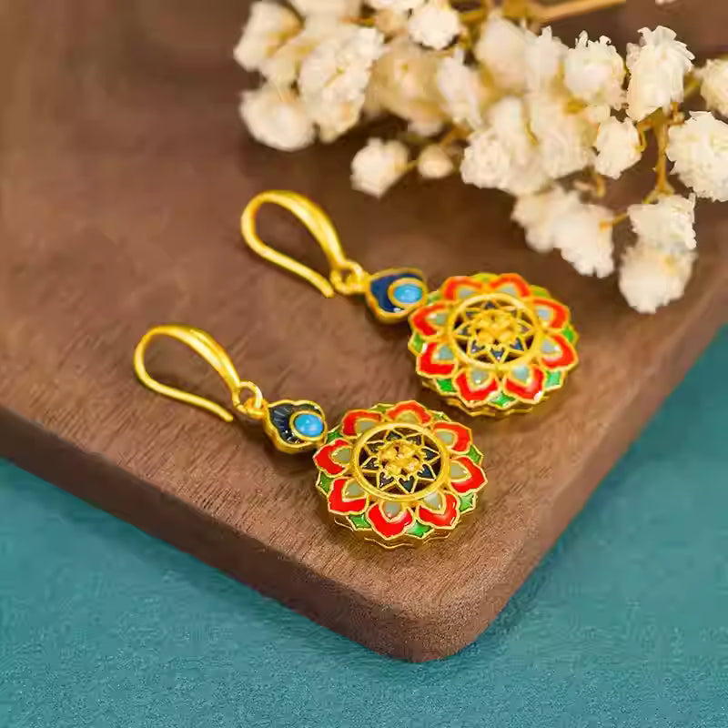 925 Sterling Silver Enamel Longevity Lock Earrings – Red Dunhuang-Inspired New Chinese Vintage Drop Earrings for Women