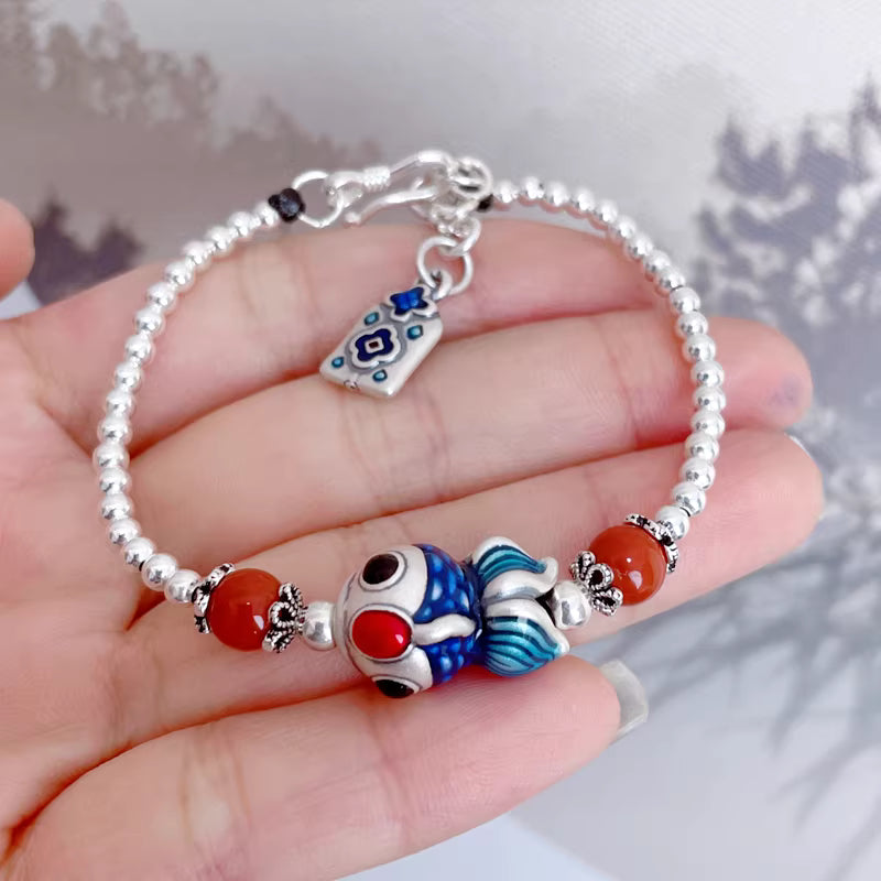 Lucky Dudu Fish Bracelet with Red Agate Beads