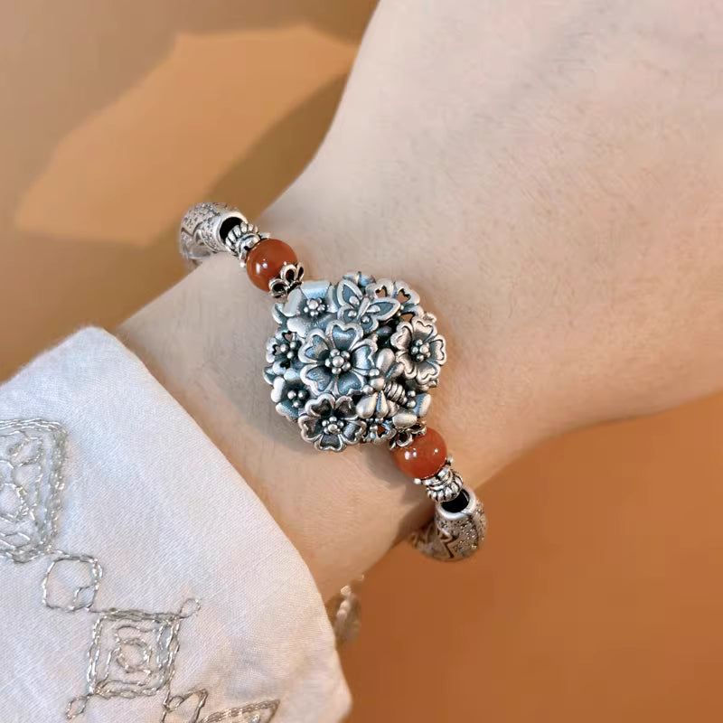 999 Fine Silver Blooming Flower Bracelet with South Red Agate – Curved Fish Pattern “Nafu” Feng Shui Handmade Jewelry