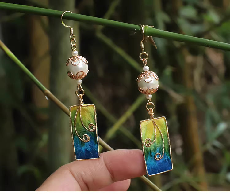 Handcrafted Peacock Blue Velvet Flower Pearl Earrings | Chinese Traditional Hanfu Style, Cloisonné Silk Art