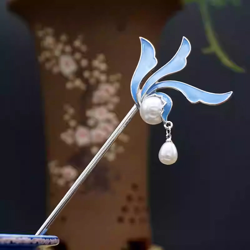 Original Chinese Style Orchid Hairpin with Pearl Tassels – Handmade Hanfu Hair Accessory, Metal & Alloy