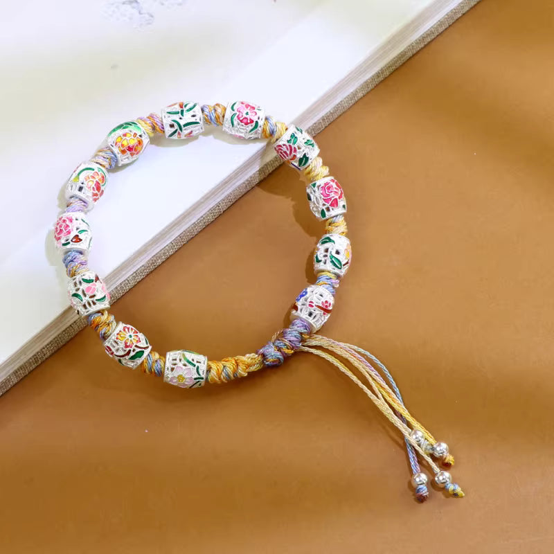 Twelve Flower God Bracelet with Colorful Enamel – Adjustable Chinese Style Feng Shui Design