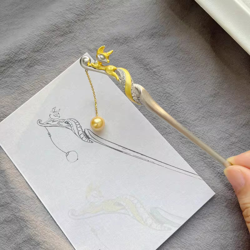 New Chinese Style Lucky Fox Hairpin – Handmade Luxury Fox Hair Stick with Pearls, Metal & Alloy