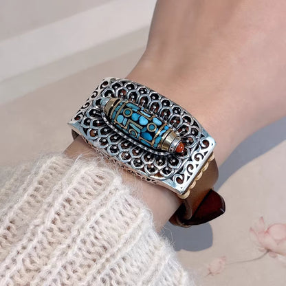 Neues chinesisches Design rotierendes Neunaugen-Dzi-Perlen-Armband mit grünem Türkis-Lederarmband – Unisex Glücksdesign | 925 Sterling Silber