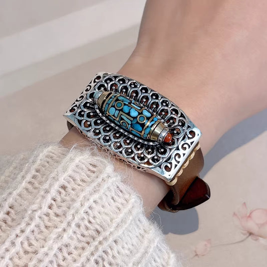 New Chinese Style Rotating Nine-Eyed Dzi Bead Bracelet with Green Turquoise Leather Strap – Unisex Lucky Design | 925 Sterling Silver