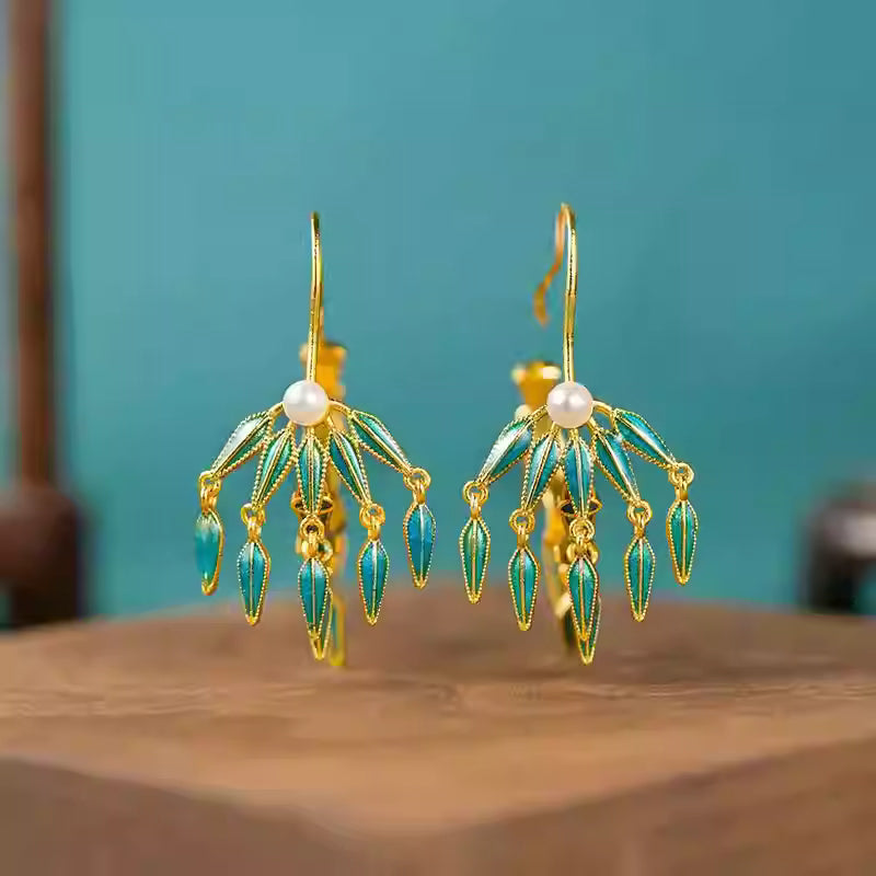 Original Gilded Cloisonné Enamel Tassel Earrings with Pearl and Bamboo Leaf Design