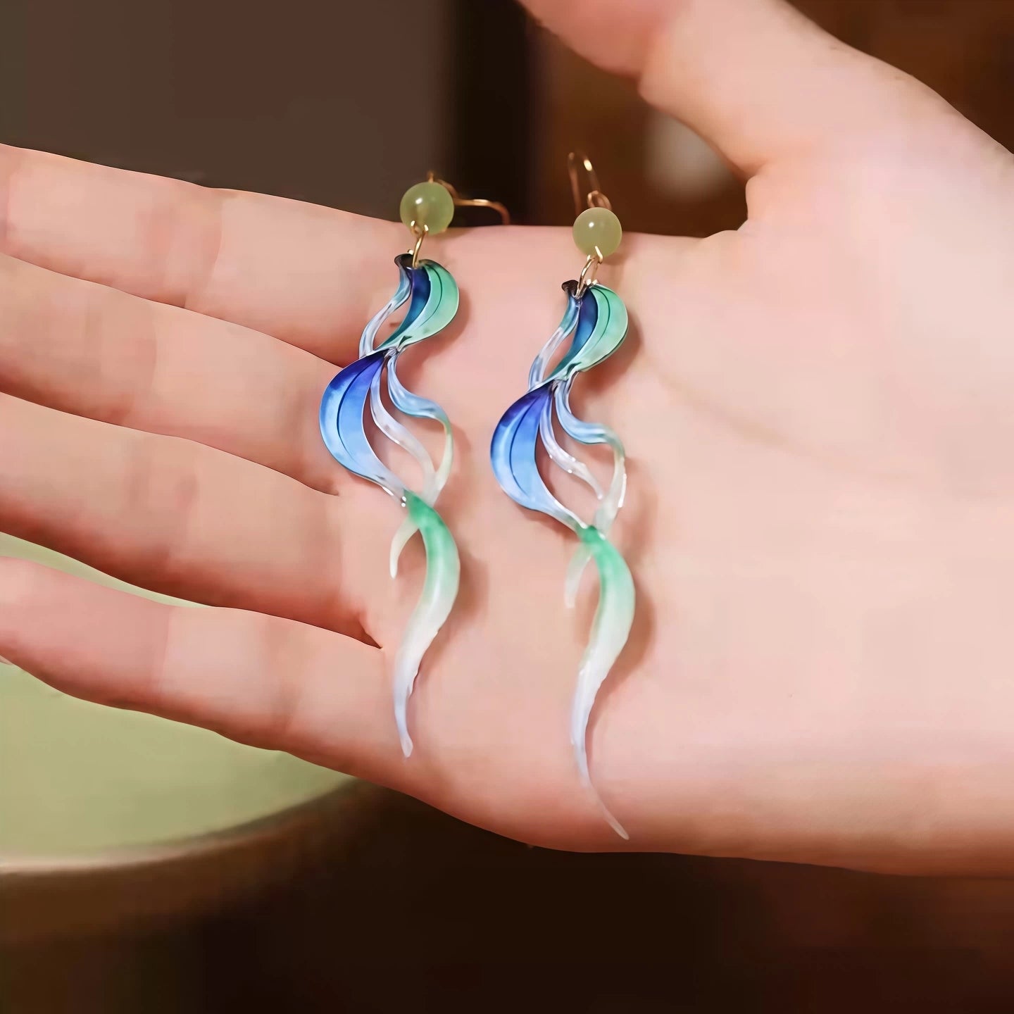 Oriental Green Streamer Earrings – Artistic New Chinese Style Statement Earrings