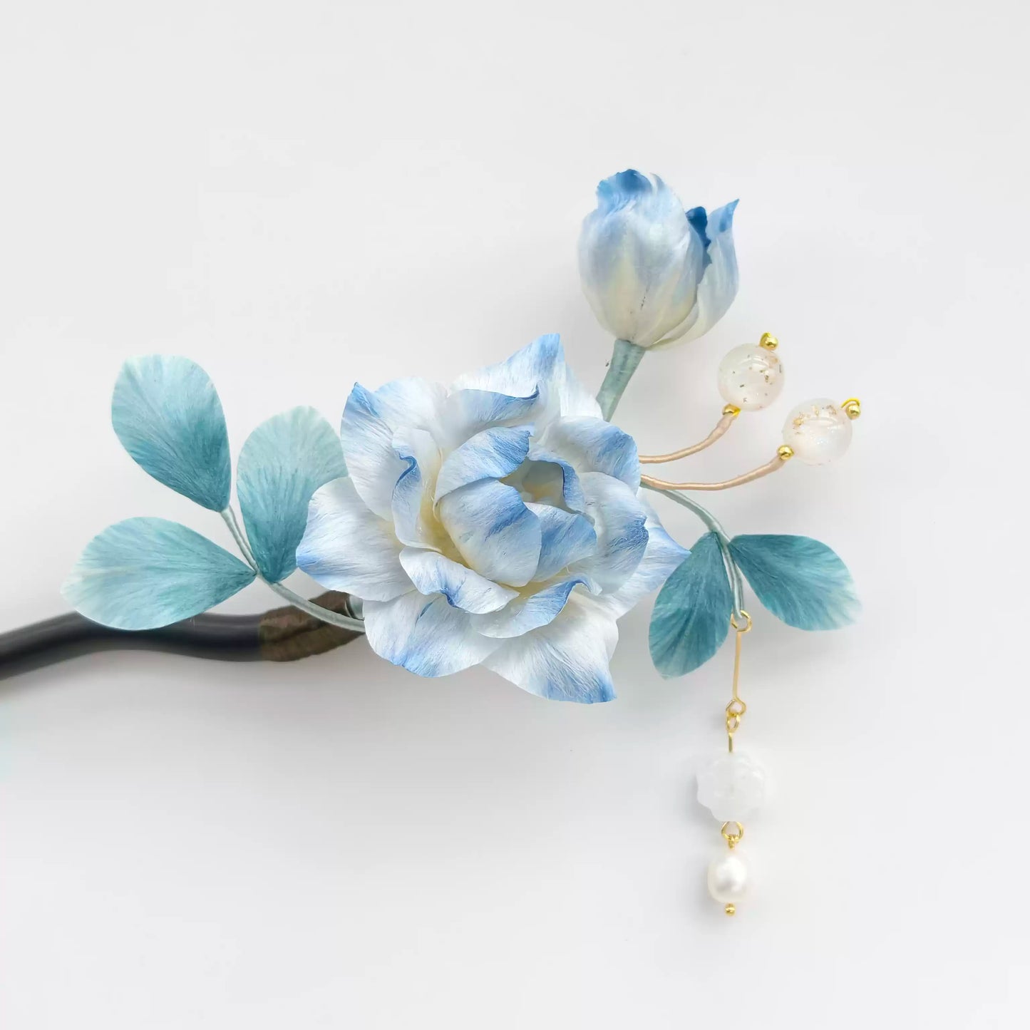 Velvet Ice Blue Rose Hairpin | Handmade Sandalwood Chinese Hair Accessory for Elegant Style