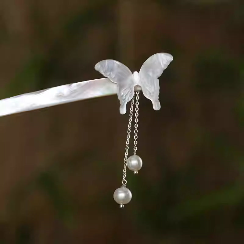 Original Handmade Butterfly Hairpin with Natural Shell, Pearls, and Tassels – Elegant Updo Accessory for Hanfu & Traditional Styles