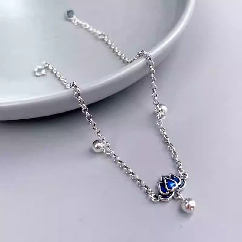 S925 Sterling Silver Blue Lotus Anklet for Women - Adjustable 25cm, Vintage Art Jewelry, Lucky Charm Foot Bracelet