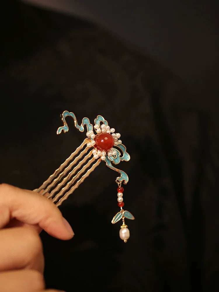 Peacock Blue Auspicious Cloud Hairpin – New Chinese Style Enamel Hair Accessory（A pair）