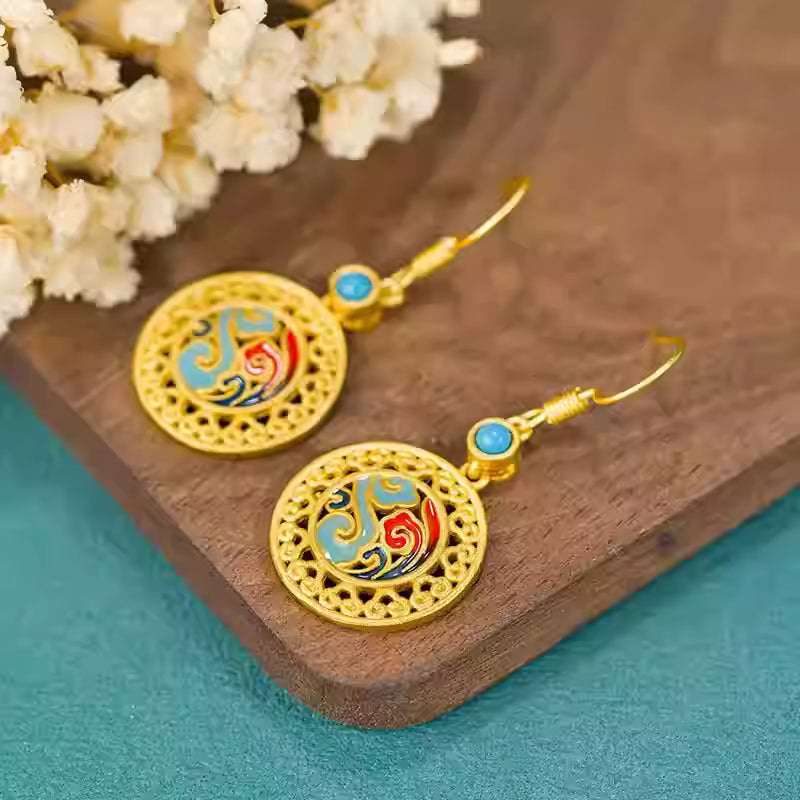 Chinese Palace Filigree Enamel Earrings – Hollow Round Gold Earrings for Women | Vintage Oriental High-End Jewelry