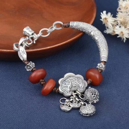 Ruyi-Schloss mit Fischmuster, gebogenes Rohr, Hühnerfett-Rot-Bernsteinperlen, Glücksarmband – 925er Sterlingsilber