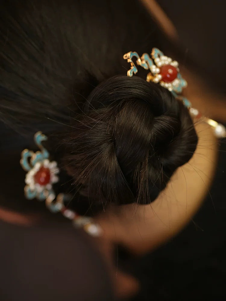 Peacock Blue Auspicious Cloud Hairpin – New Chinese Style Enamel Hair Accessory（A pair）