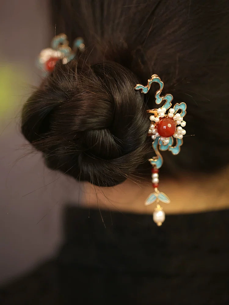 Peacock Blue Auspicious Cloud Hairpin – New Chinese Style Enamel Hair Accessory（A pair）