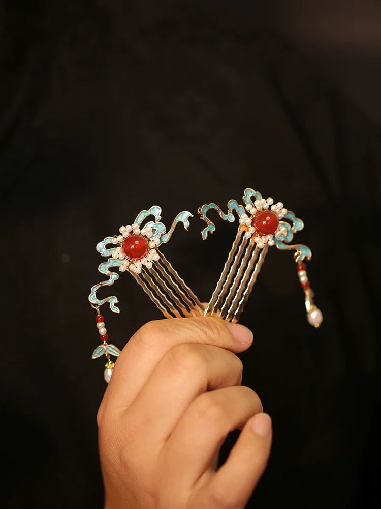 Peacock Blue Auspicious Cloud Hairpin – New Chinese Style Enamel Hair Accessory（A pair）