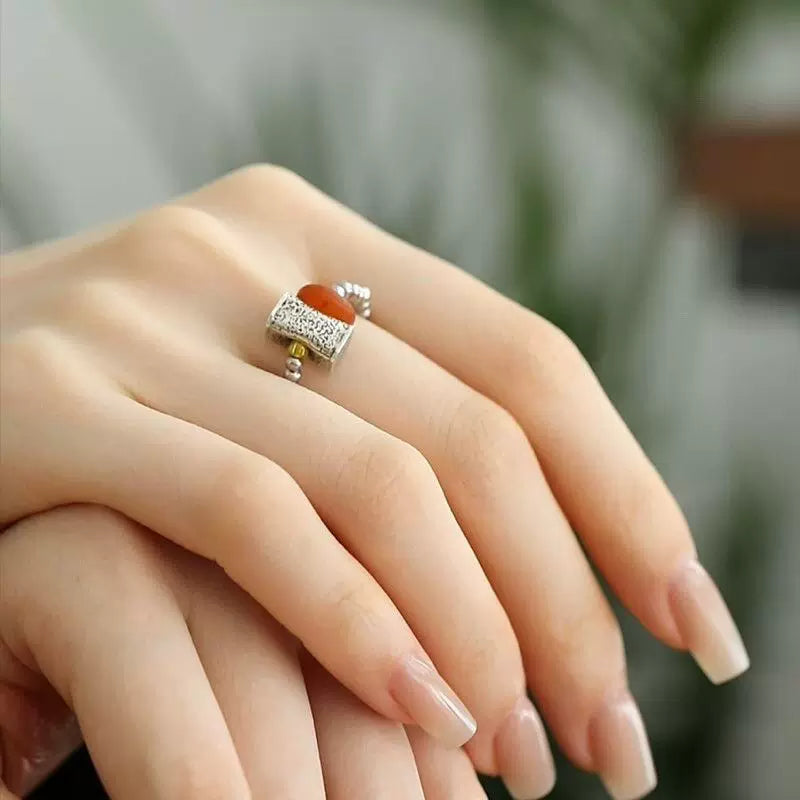Vintage Amber Bead Stretch Ring with Sterling Silver – Oriental Lucky Ring for Women