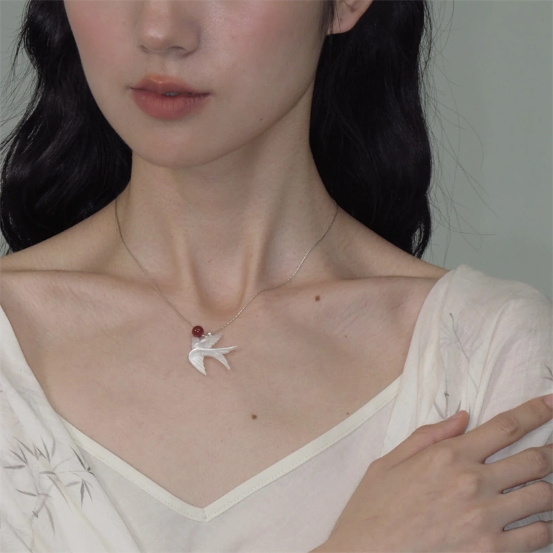 Chinese Feng Bird Necklace – White Shell & Red Agate Minimalist Pendant