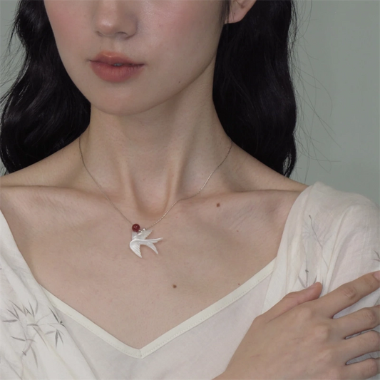 Chinese Feng Bird Necklace – White Shell & Red Agate Minimalist Pendant