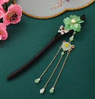 Pink Butterfly and Green Flowers 3 Tassel Hairpin - Black Sandalwood