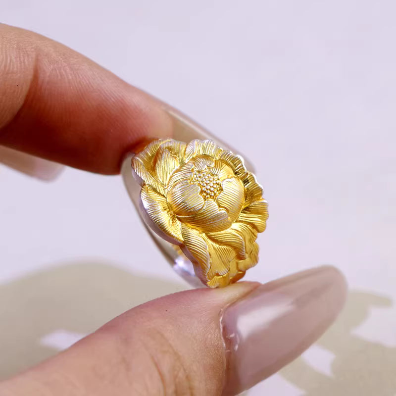 Peony Flower Ring for Women – Adjustable Open Band Elegant Floral Statement Ring | 999 Sterling Silver