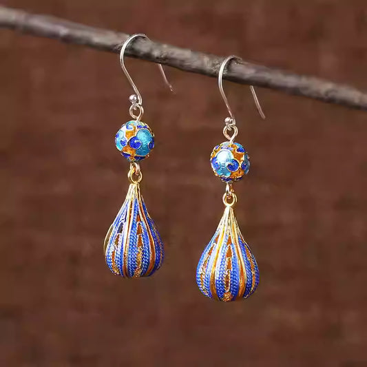 Blue Cloisonné Drop Earrings for Women – Vintage Chinese Style Long Dangle Jewelry