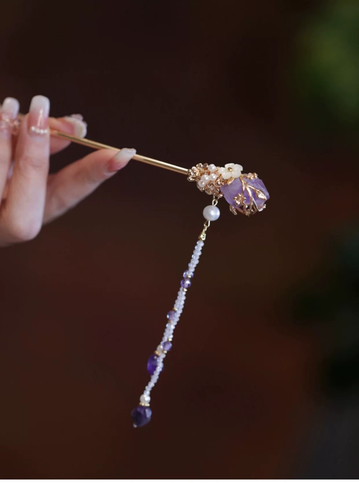 New Chinese Style Amethyst Pearl Tassel Hairpin – Elegant Hanfu Qipao Hair Ornament