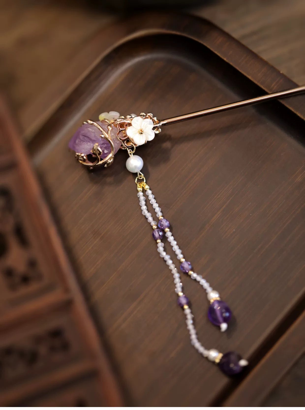 New Chinese Style Amethyst Pearl Tassel Hairpin – Elegant Hanfu Qipao Hair Ornament