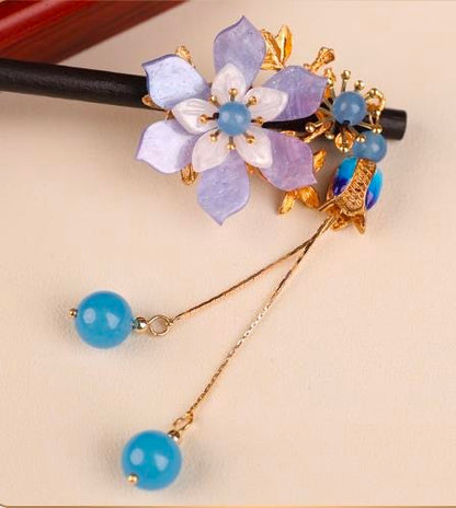 Lila Blume 5 Blaue Jade Cloisonné Quasten-Haarnadel - Holz