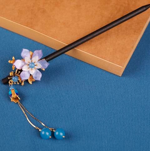 Purple Flower 5 Blue Jade Cloisonne Tassel Hairpin - Wood