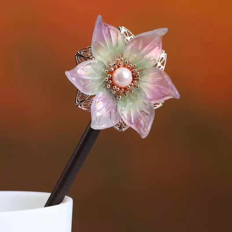 Purple Flower Pearl Hairpin-Wood