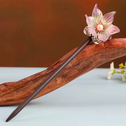 Lila Blumen-Perlen-Haarspange-Holz