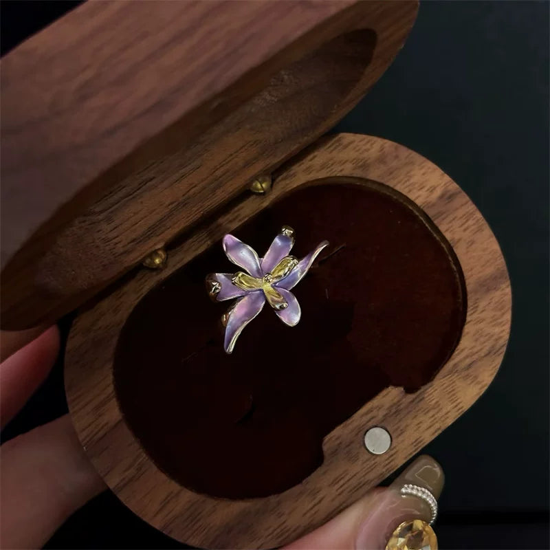 Purple Drip-Glaze Iris Flower Adjustable Ring