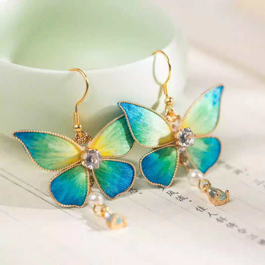 Qianli Jiangshan Inspired Butterfly Velvet Flower Earrings – New Chinese Style Hanfu Tassel Jewelry for Women
